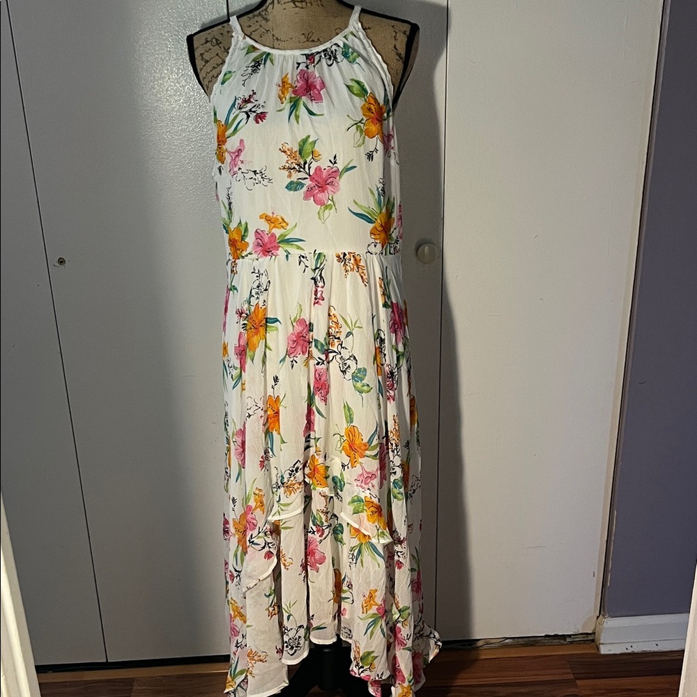 Cato Floral High Low Dress - White with Pink and Orange